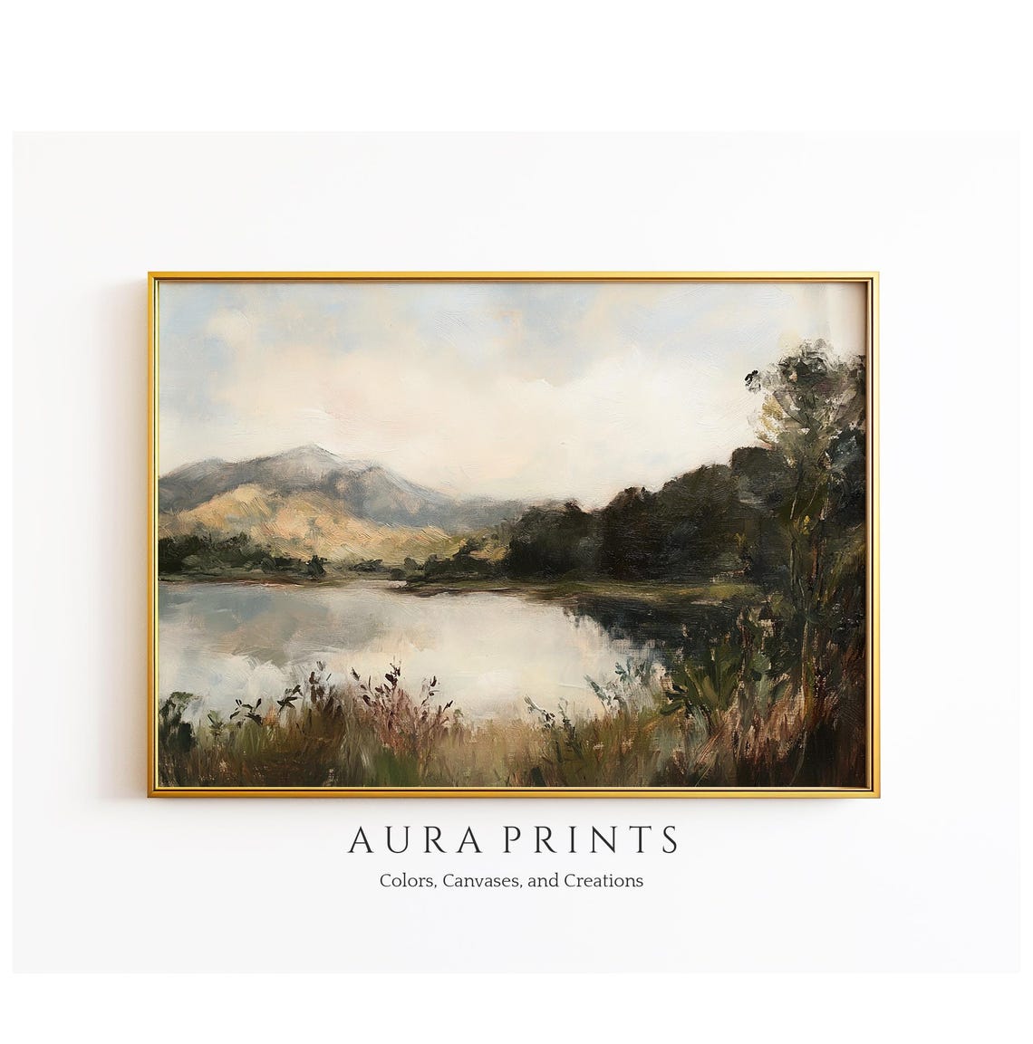 Quiet Lake Reflections Hills Muted Landscape Oil Painting Poster