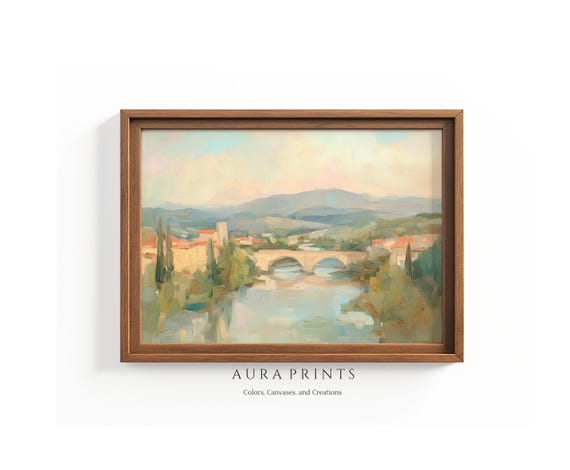 Peaceful Valley River Oil Painting Stone Bridge And Villages Wall Art Antique Gift 1197