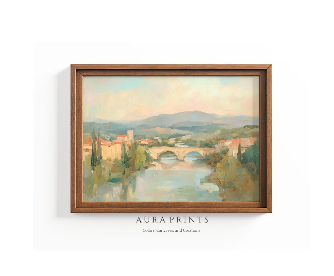 Peaceful River Village Stone Bridge Pastel Landscape Art Poster
