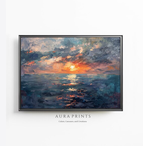 Ocean Sunset Dramatic Clouds Golden Sea Waves Oil Painting Poster
