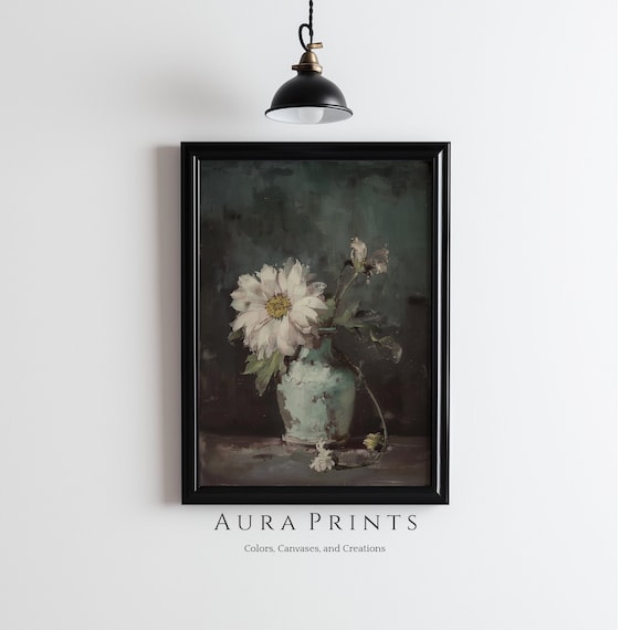 White Daisy in Vintage Vase Moody Oil Painting Floral Poster