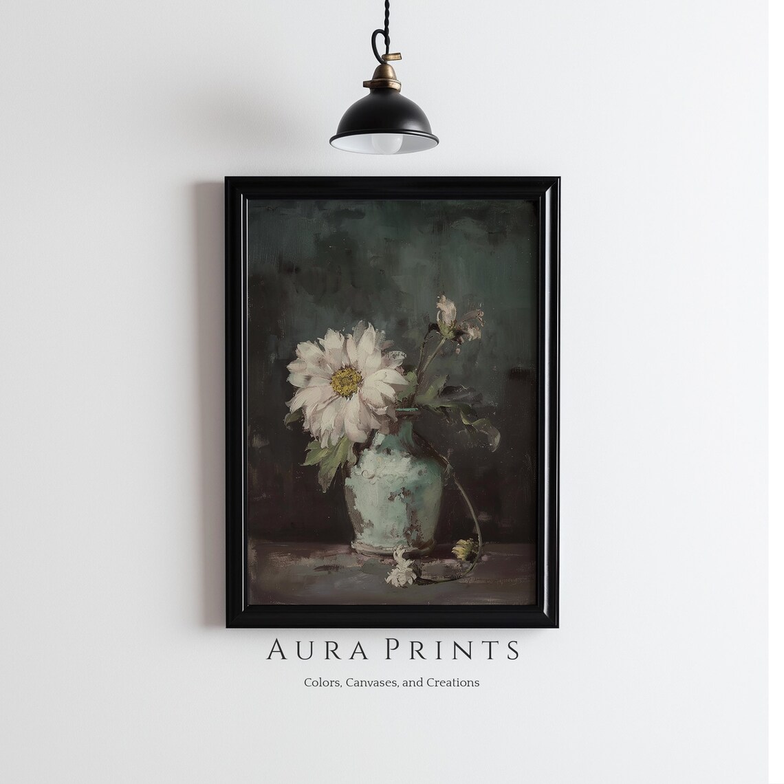 White Daisy in Vintage Vase Moody Oil Painting Floral Poster