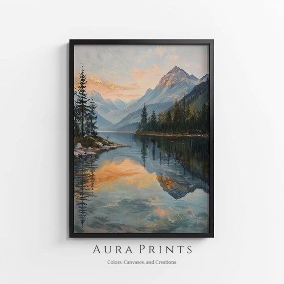 Serene Lake Sunrise Wall Art Vintage Lakehouse Cottage Waterscape Gift Decor 0859