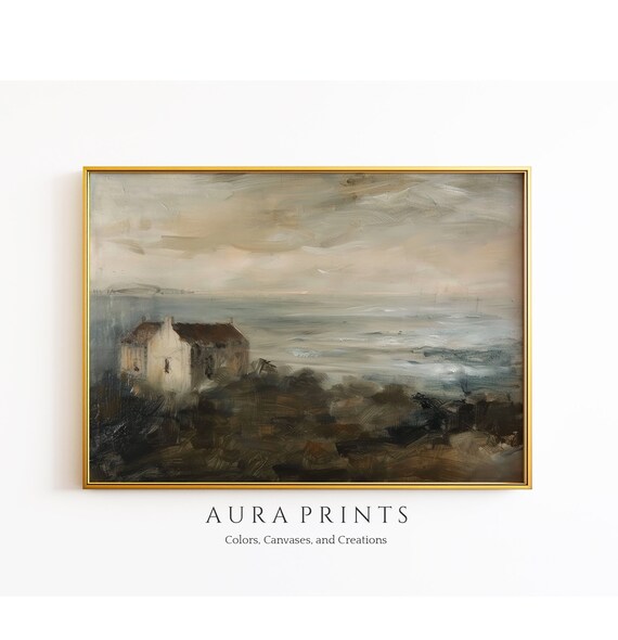 Rustic Coastal Cottages Red Roofs Moody Seascape Oil Wall Art