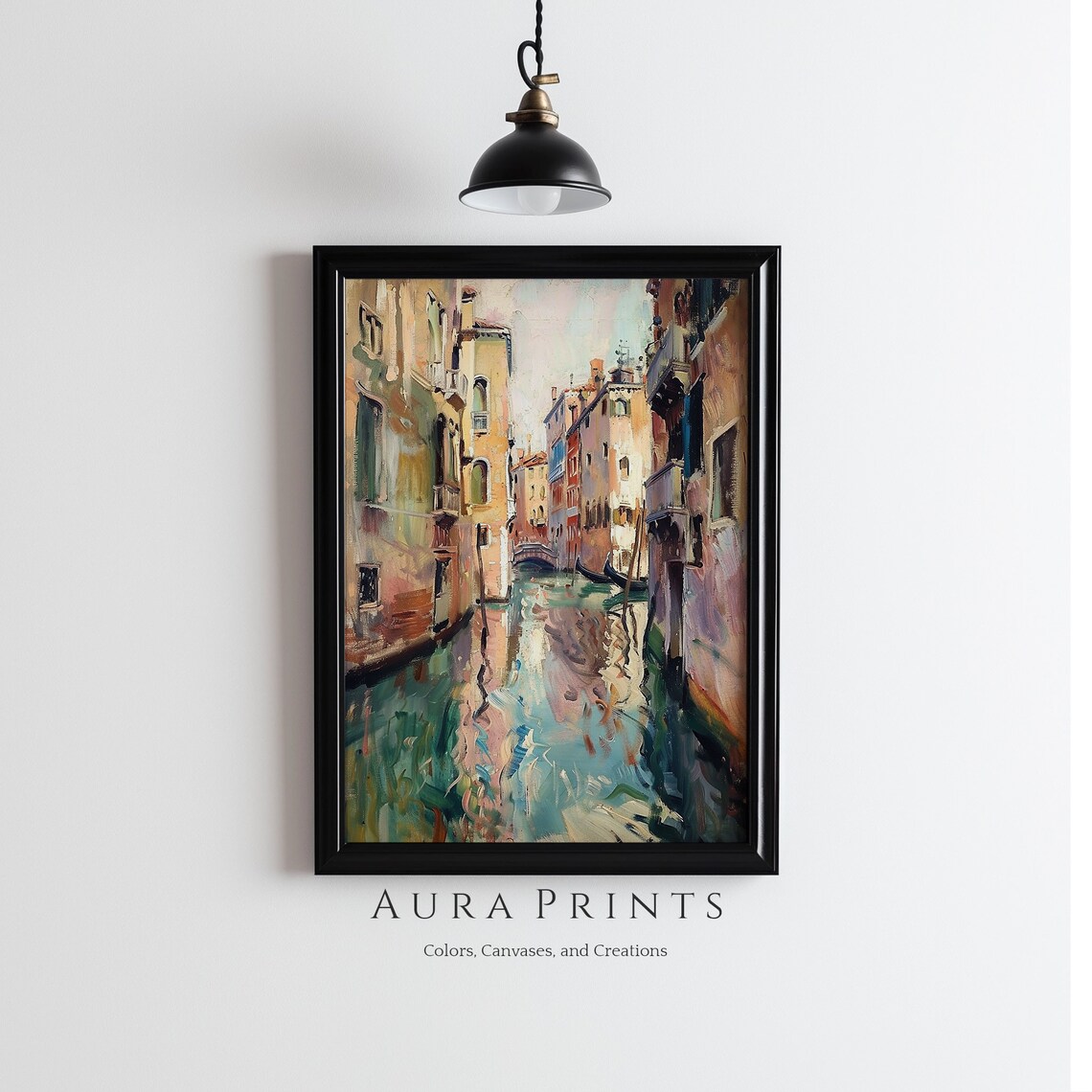 Venice Canal Oil Painting Narrow Waterway Colorful Houses Poster