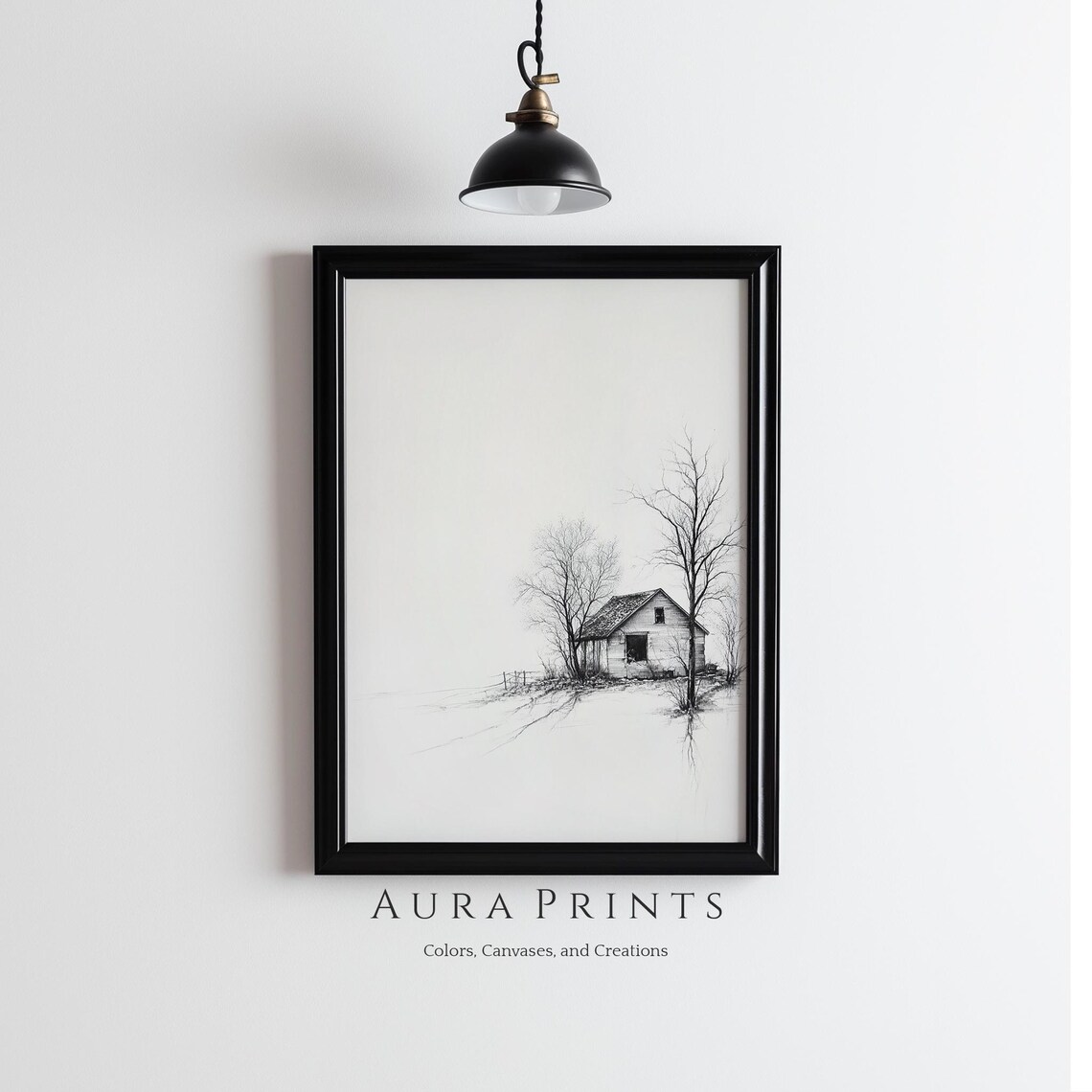 Neutral Farmhouse Village Market Pencil Sketch Art Print