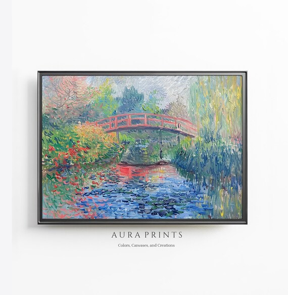 Impressionist Red Bridge Over Water Lily Pond Garden Art Poster