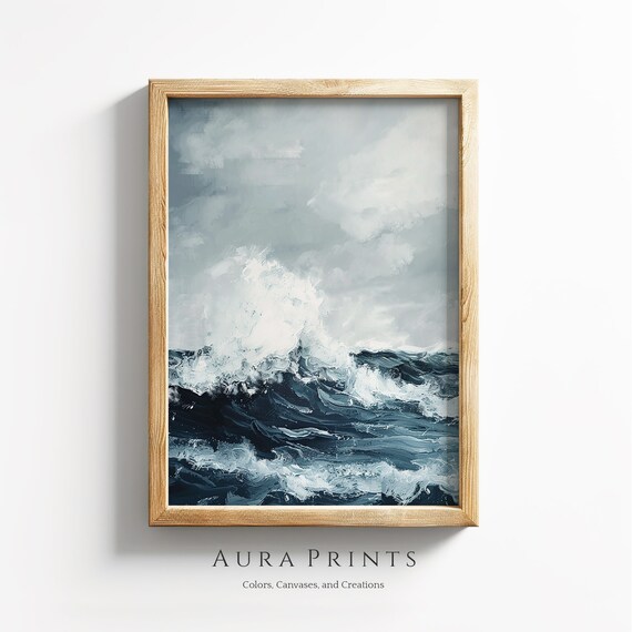 Crashing Wave Rugged Shore Stormy Ocean Seascape Watercolor Wall Art