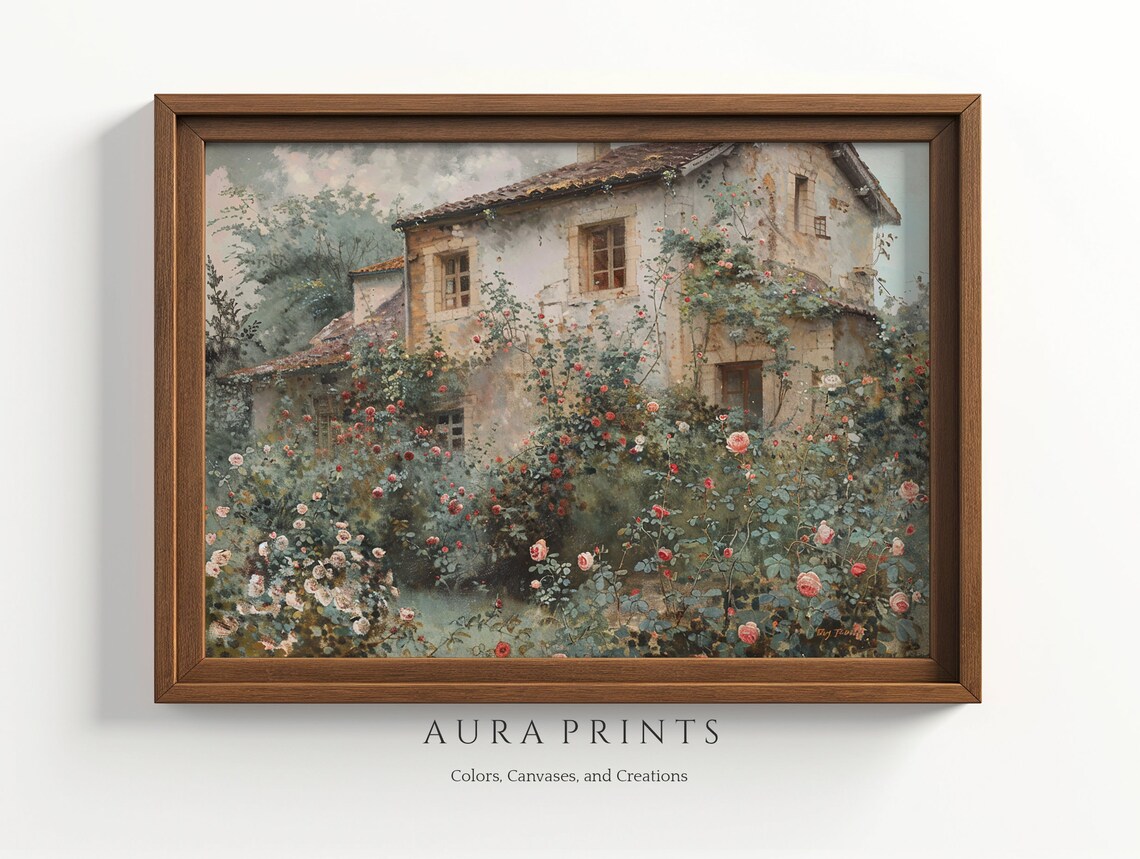 Stone Cottage Rose Garden Impressionist Oil Painting Poster Romantic