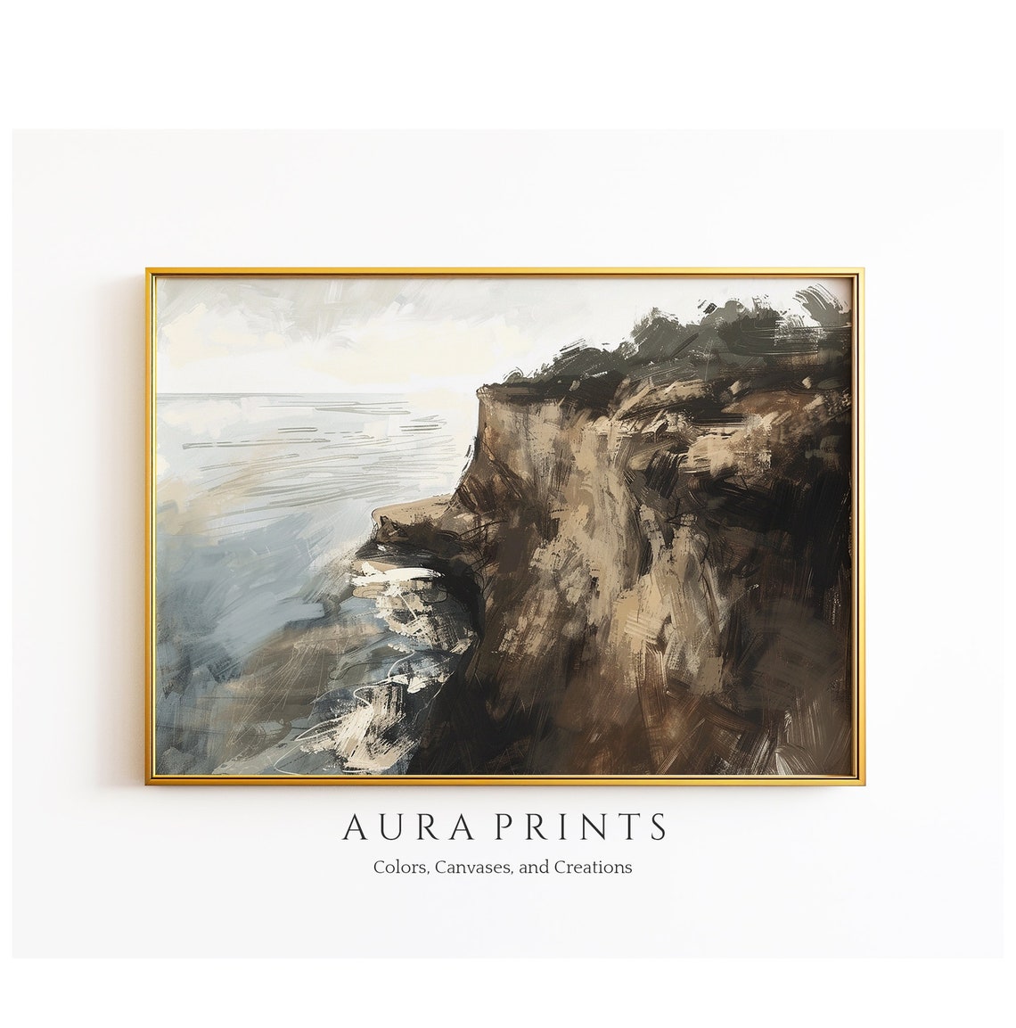 Ocean View From High Cliffs Abstract Coastal Waves Vintage Art Poster