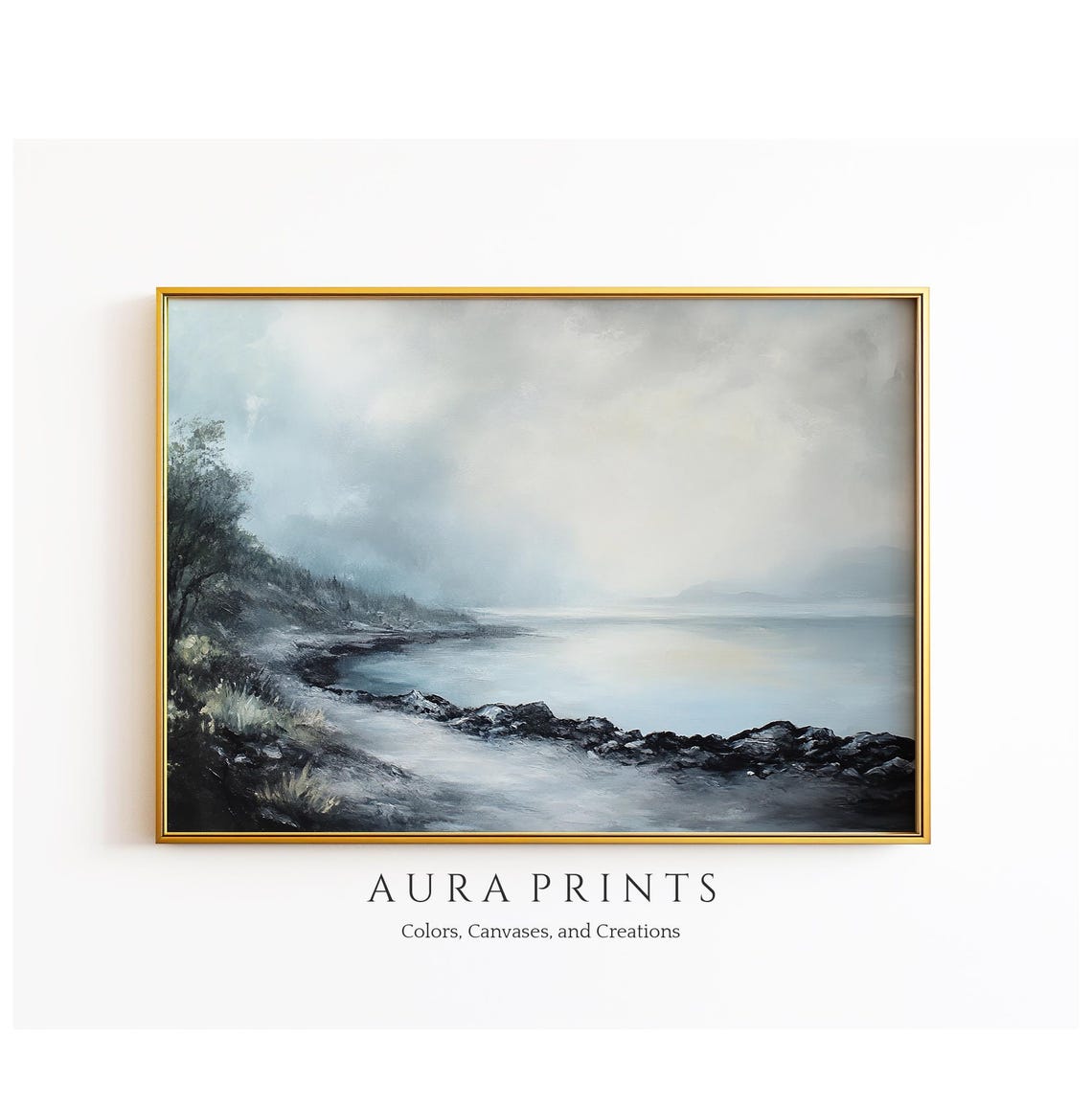Misty Gray Coastal Seascape Rocky Shore Impressionist Oil Poster