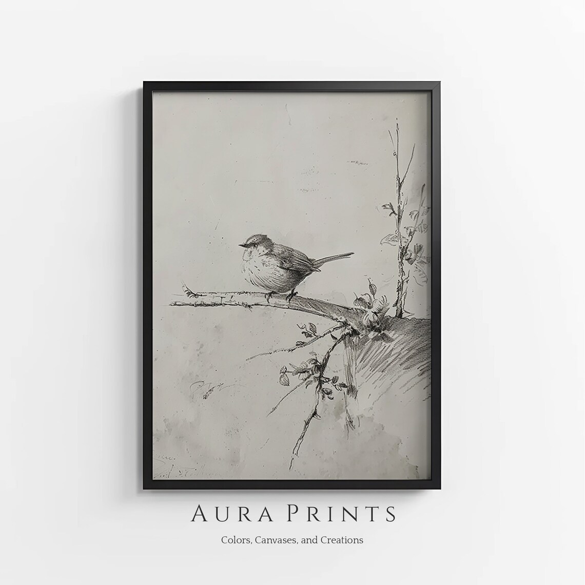 Songbird Branch Pencil Sketch Minimalist Bird Line Art Drawing Poster