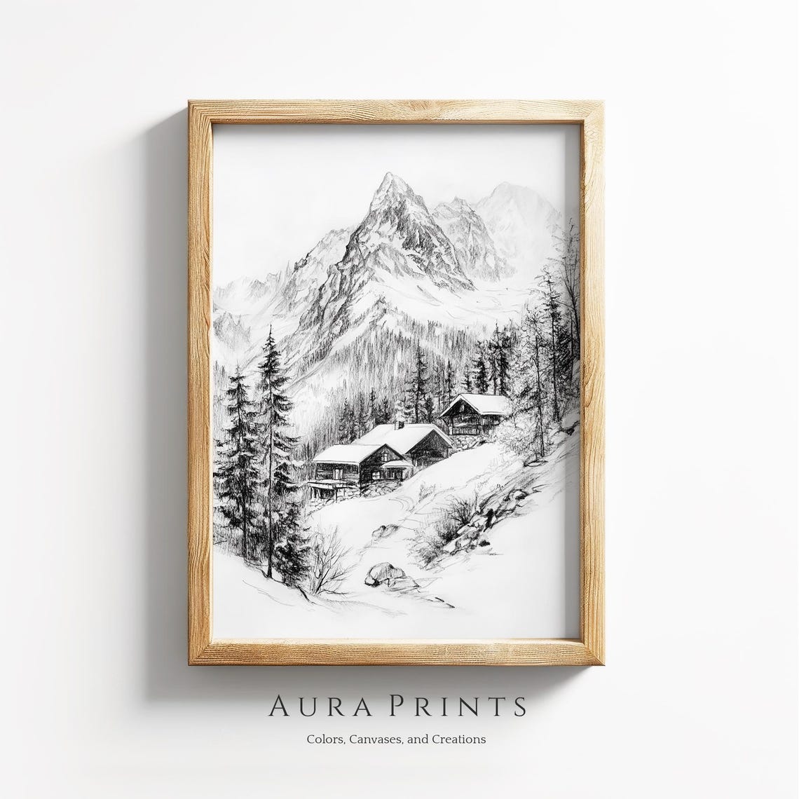 Landscape Snowy Mountain Cabin Winter Forest Pencil Sketch Art Poster