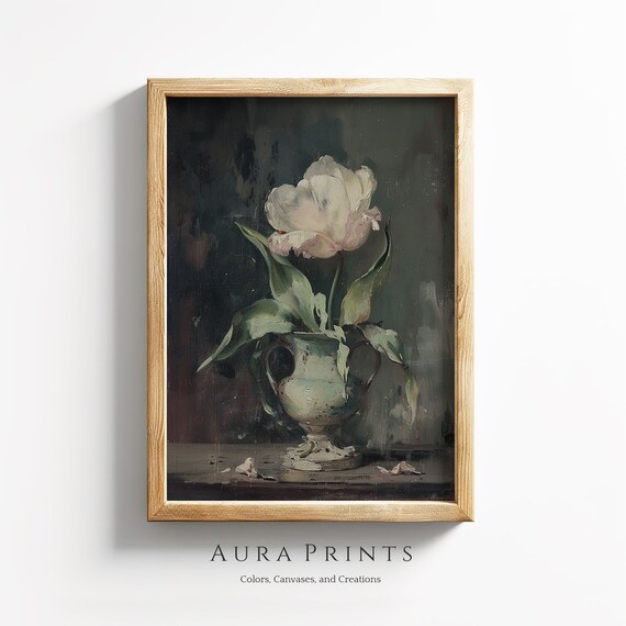 White Tulip in Vintage Vase Dark Moody Floral Oil Painting Poster