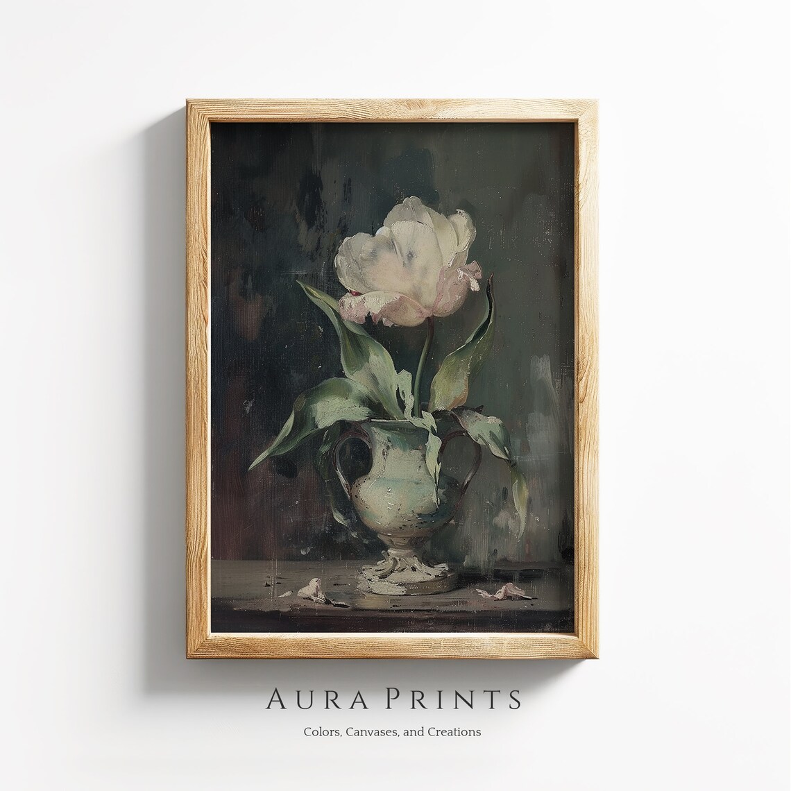 White Tulip in Vintage Vase Dark Moody Floral Oil Painting Poster
