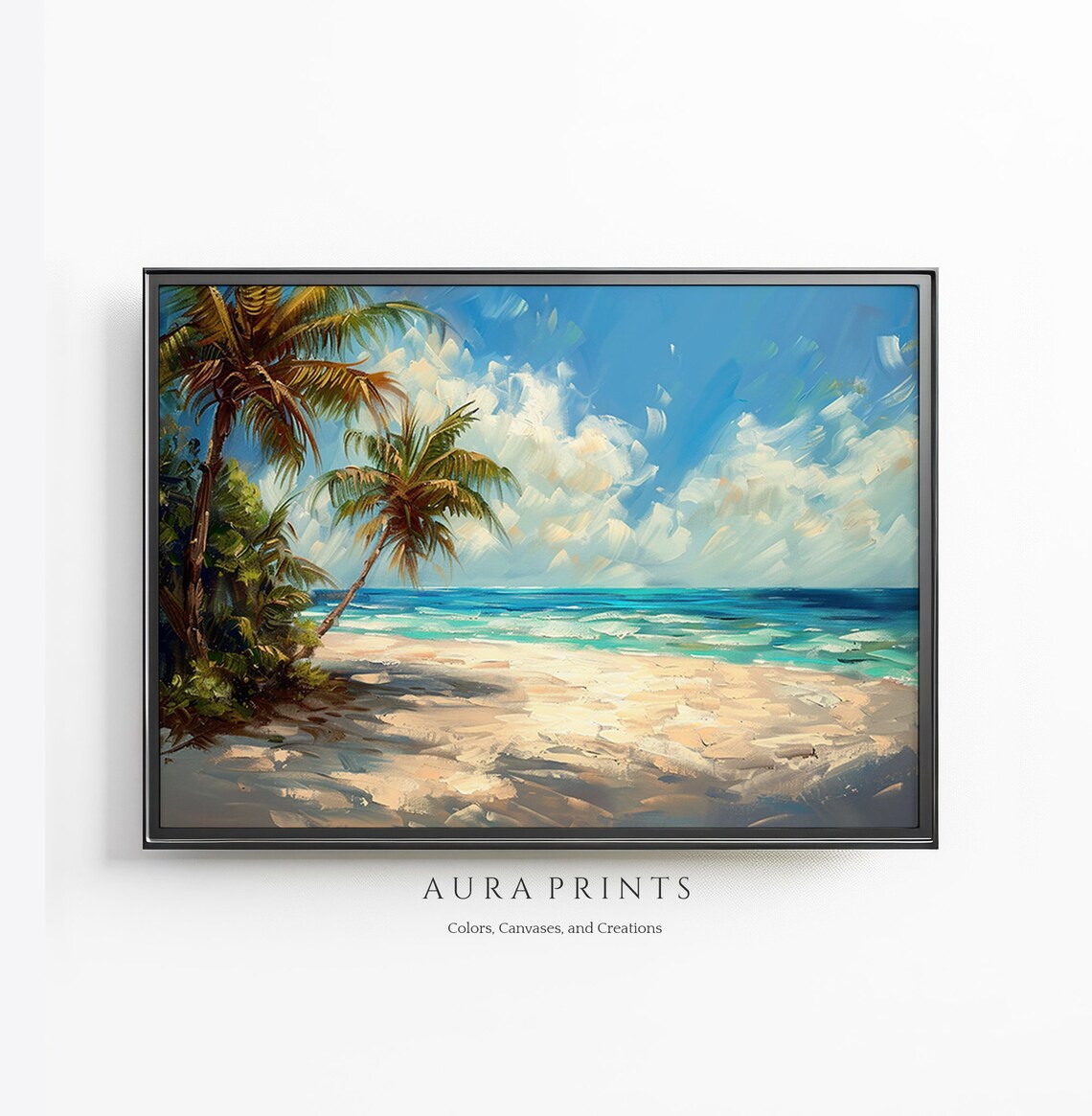 Tropical Beach Sunset Palm Trees Ocean Waves Coastal Painting Wall Art
