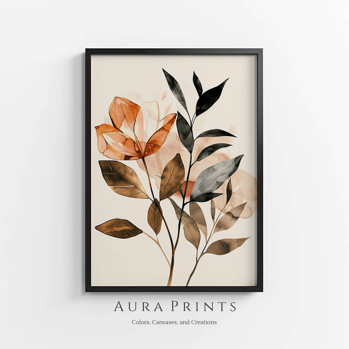 Elegant Amber Flower Black Leaves Botanical Watercolor Wall Art