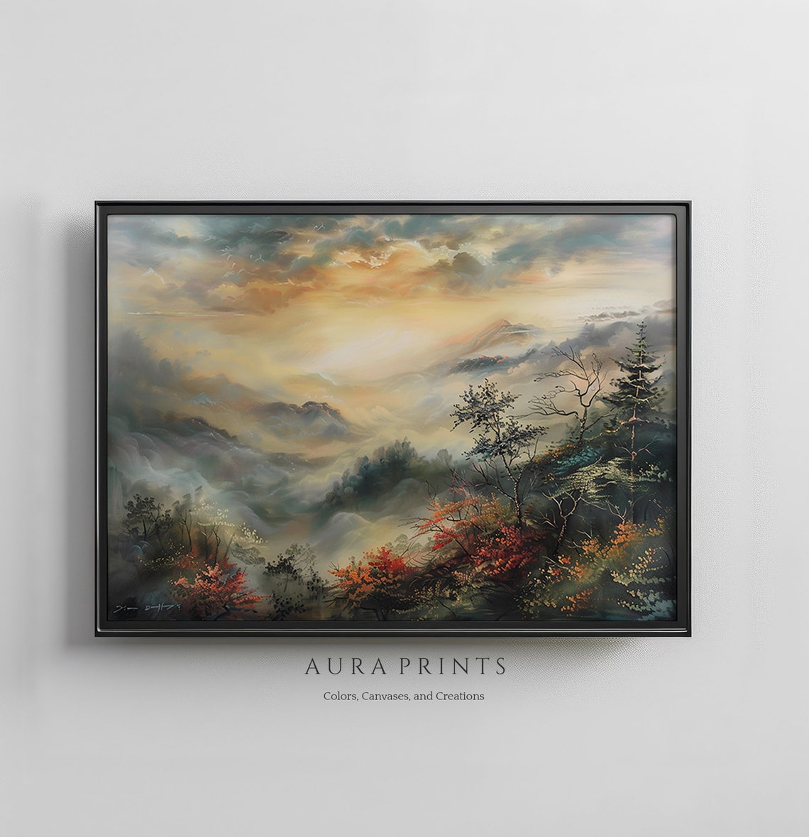 Misty Autumn Mountains Sunrise Atmospheric Oil Painting Poster
