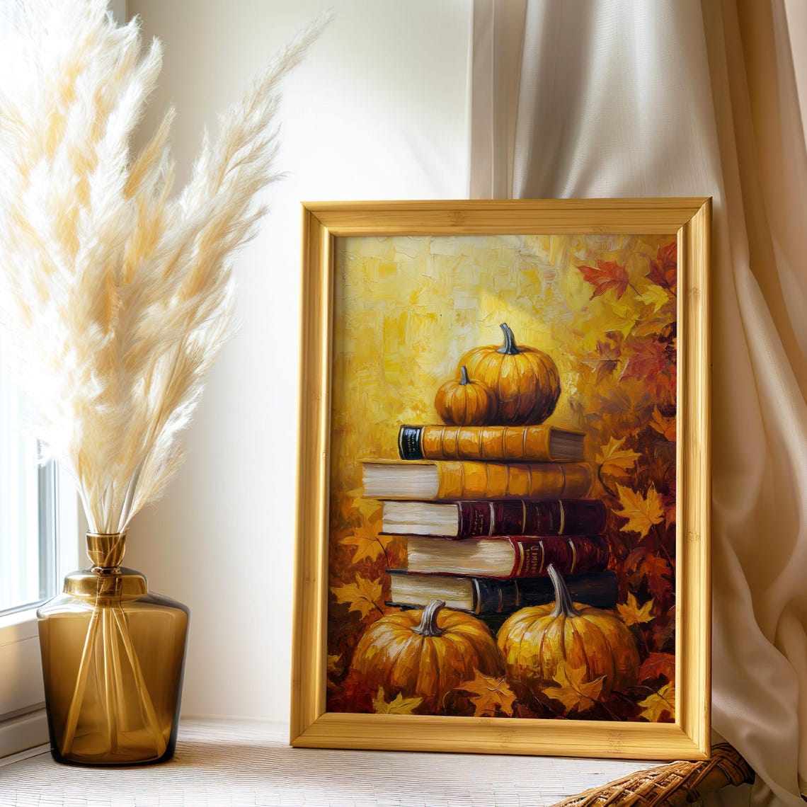 Pumpkin and Book Stack Golden Autumn Leaves Still Life Fall Art Poster - Image 4