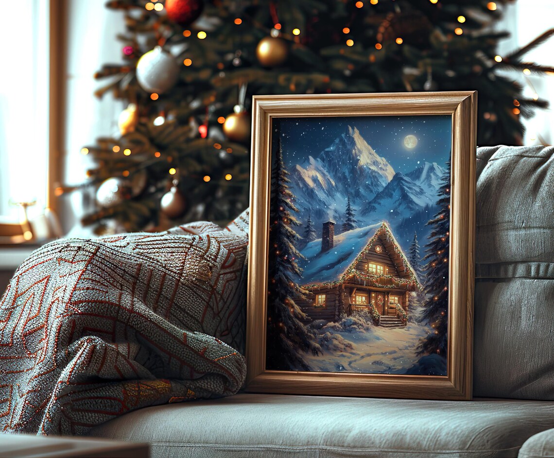 Christmas Cabin with Twinkling Lights Under Full Moon Snowy Night Poster - Image 3