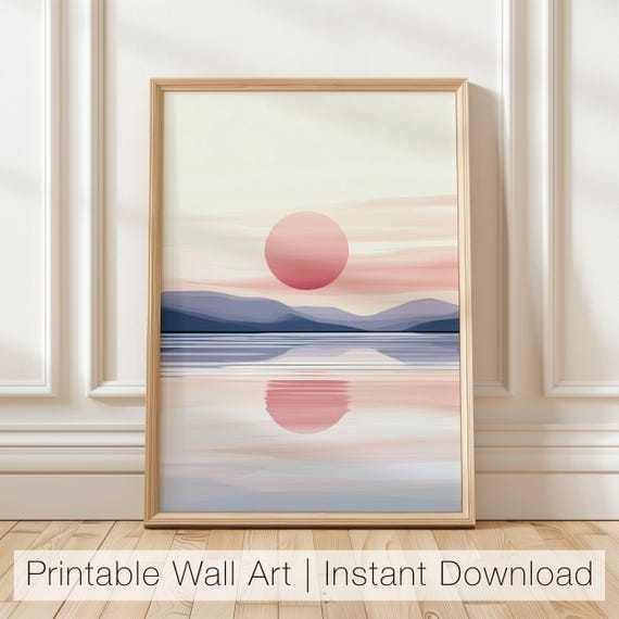 Minimalist Sunset Wall Art Abstract Landscape Printable Modern Sun And Water Art Pink And Blue Art Tranquil Nature Decor