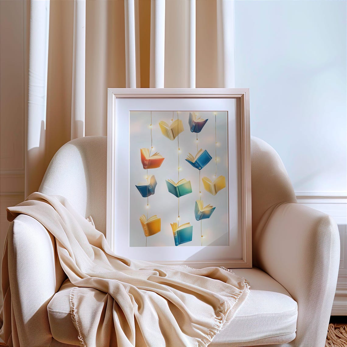 Colorful Floating Books With Fairy Lights Library Art Poster - Image 2