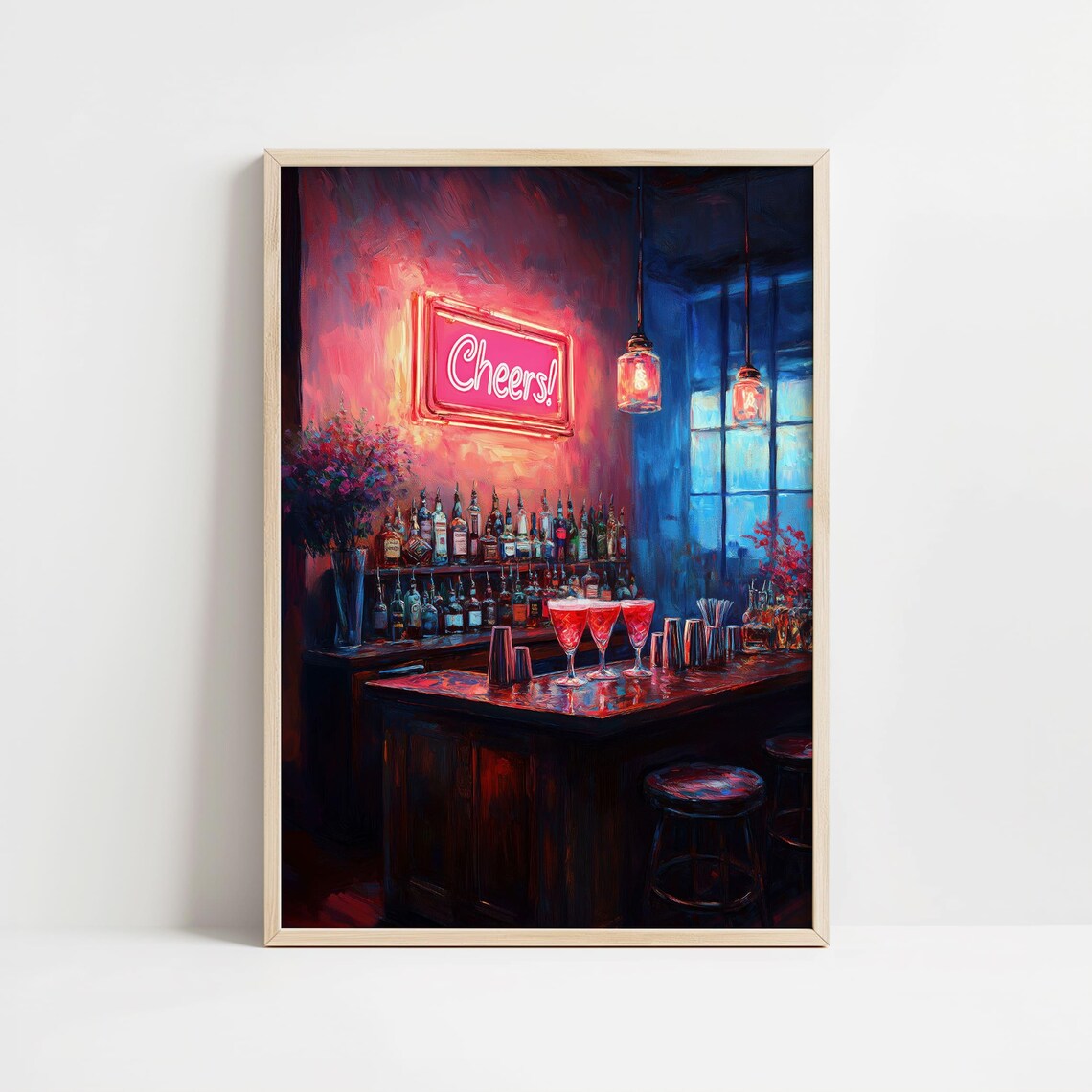 Cheers Neon Sign Over a Retro Cocktail Bar Night Scene Poster - Image 8