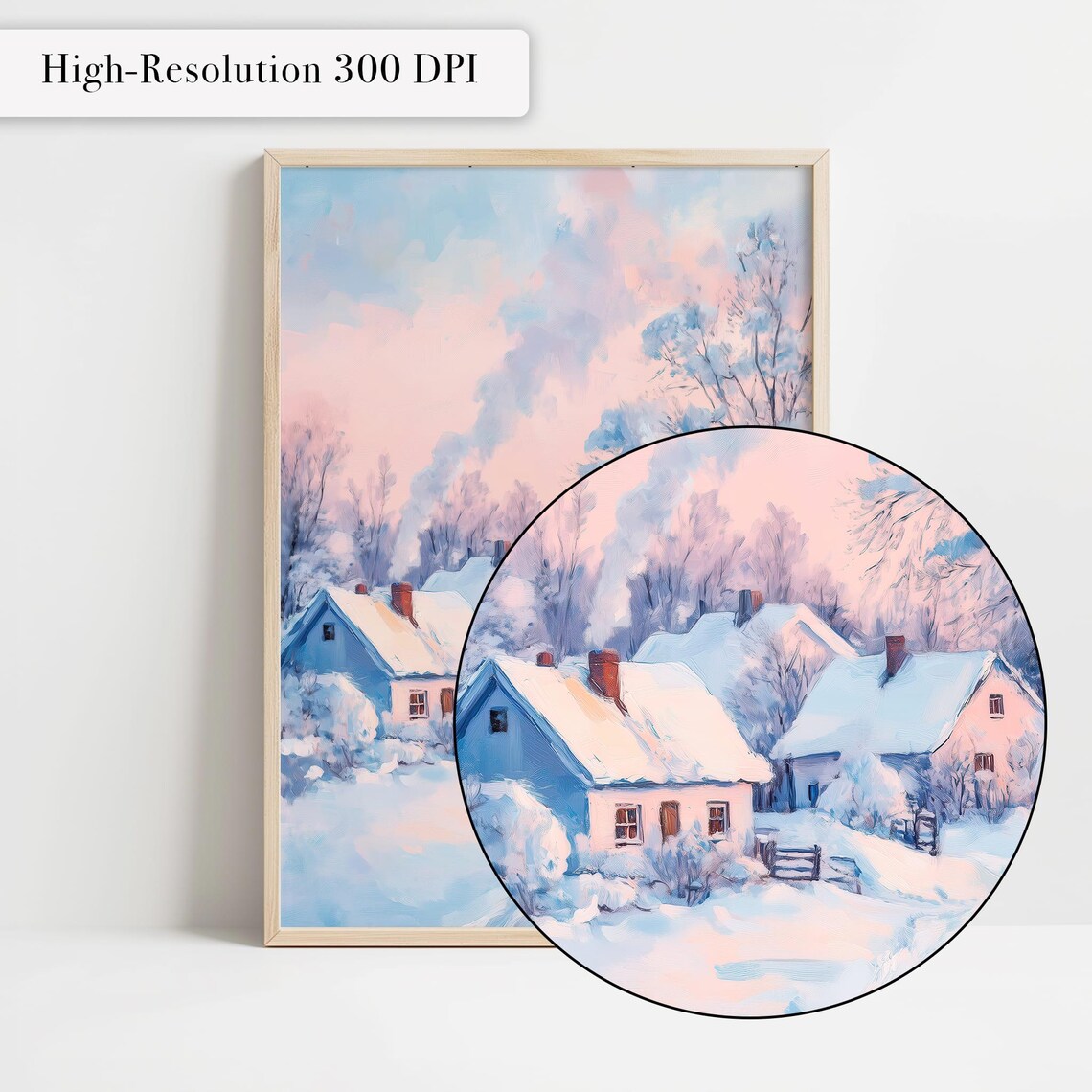 Snowy Winter Village Cottages In Pastel Hues Landscape Poster - Image 4