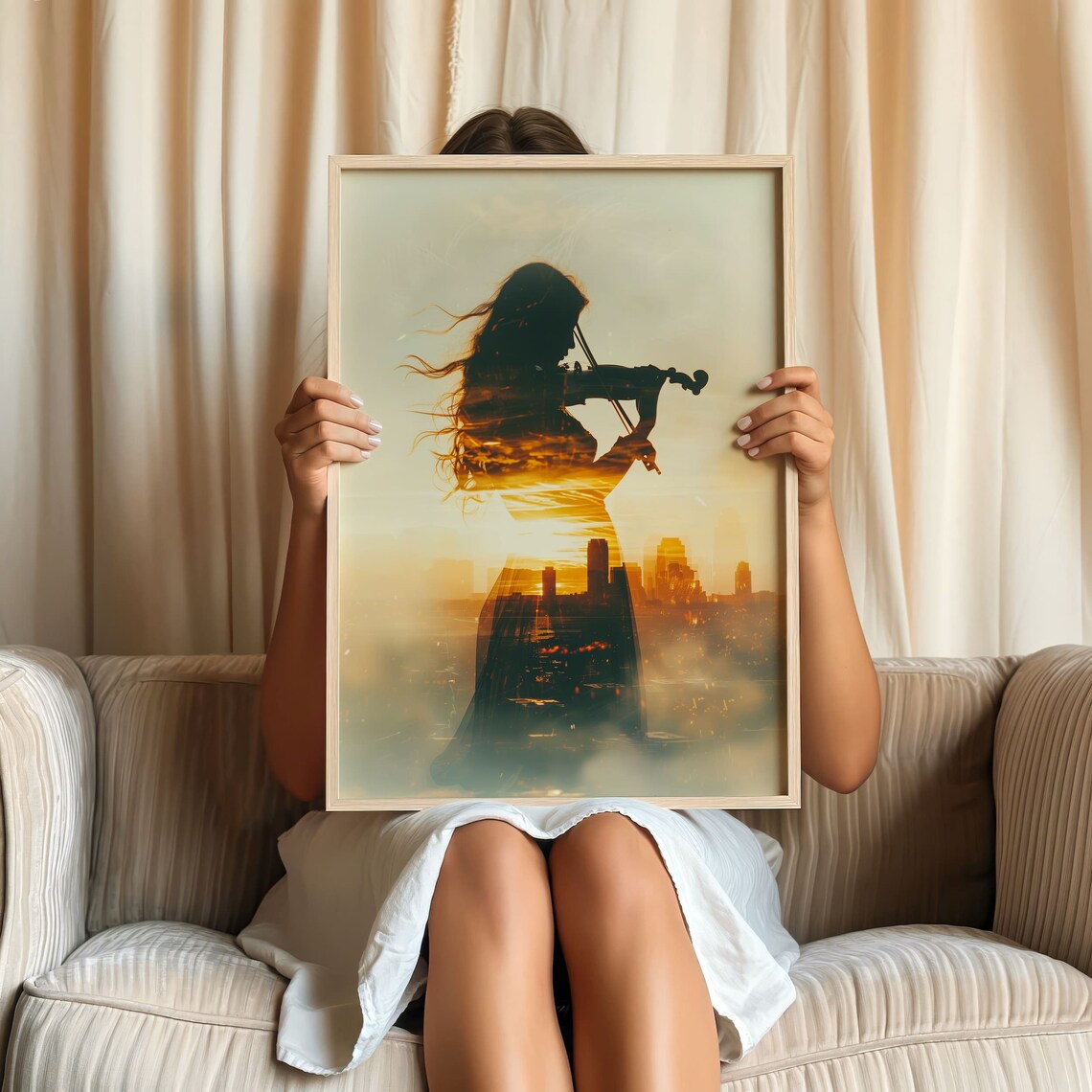 Violinist Silhouette Sunset Cityscape Double Exposure Art Poster - Image 6