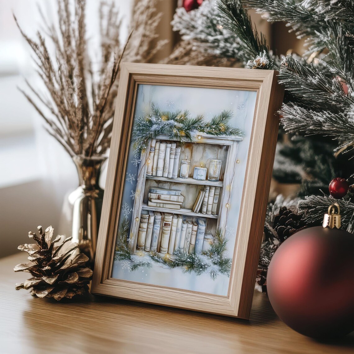 Christmas Bookshelf With Pine Garland Candles and Fairy Lights Poster - Image 3