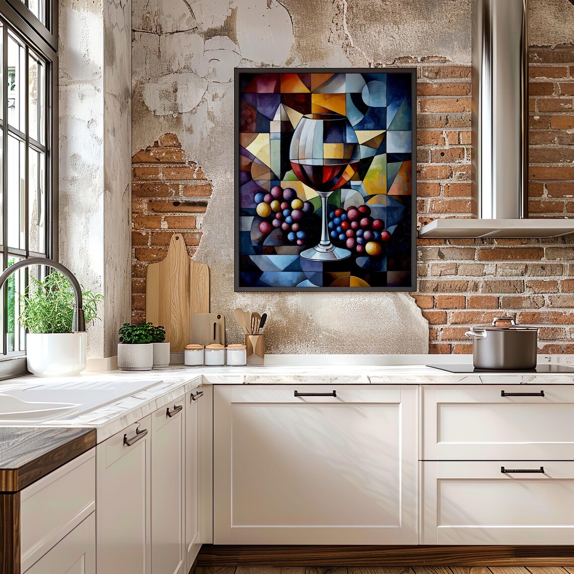 Cubist Wine Glass with Colorful Grapes Geometric Still Life Poster - Image 3