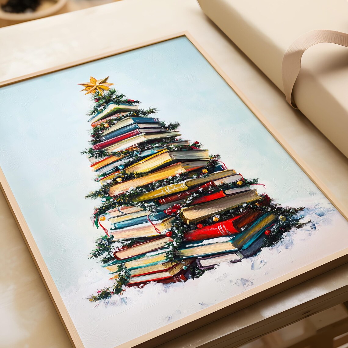 Christmas Tree Of Stacked Books Star Topper Holiday Art Poster - Image 7