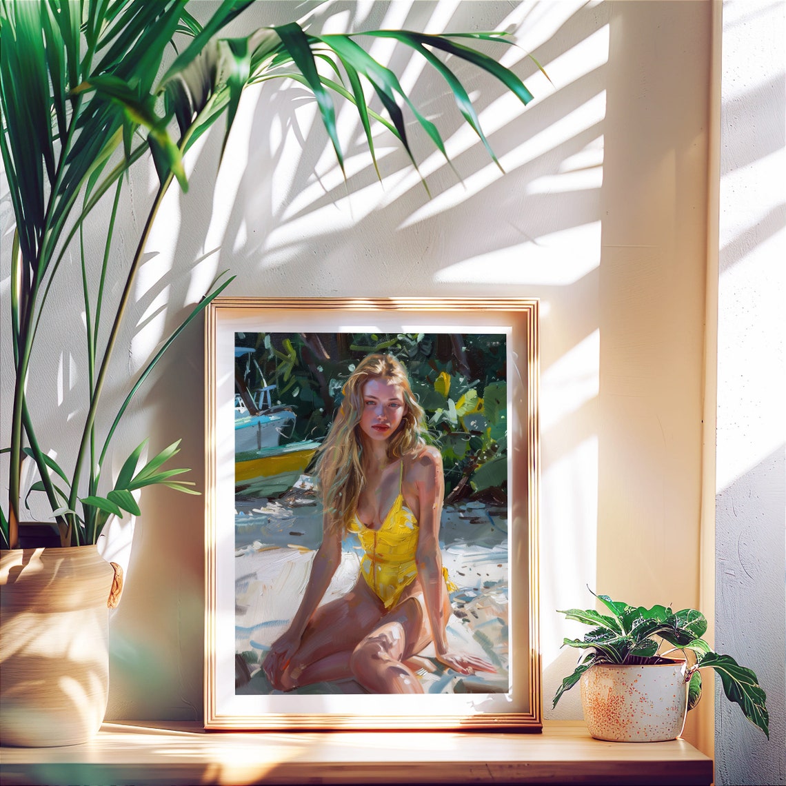 Woman in Yellow Swimsuit Tropical Beach Impressionist Art Poster - Image 8