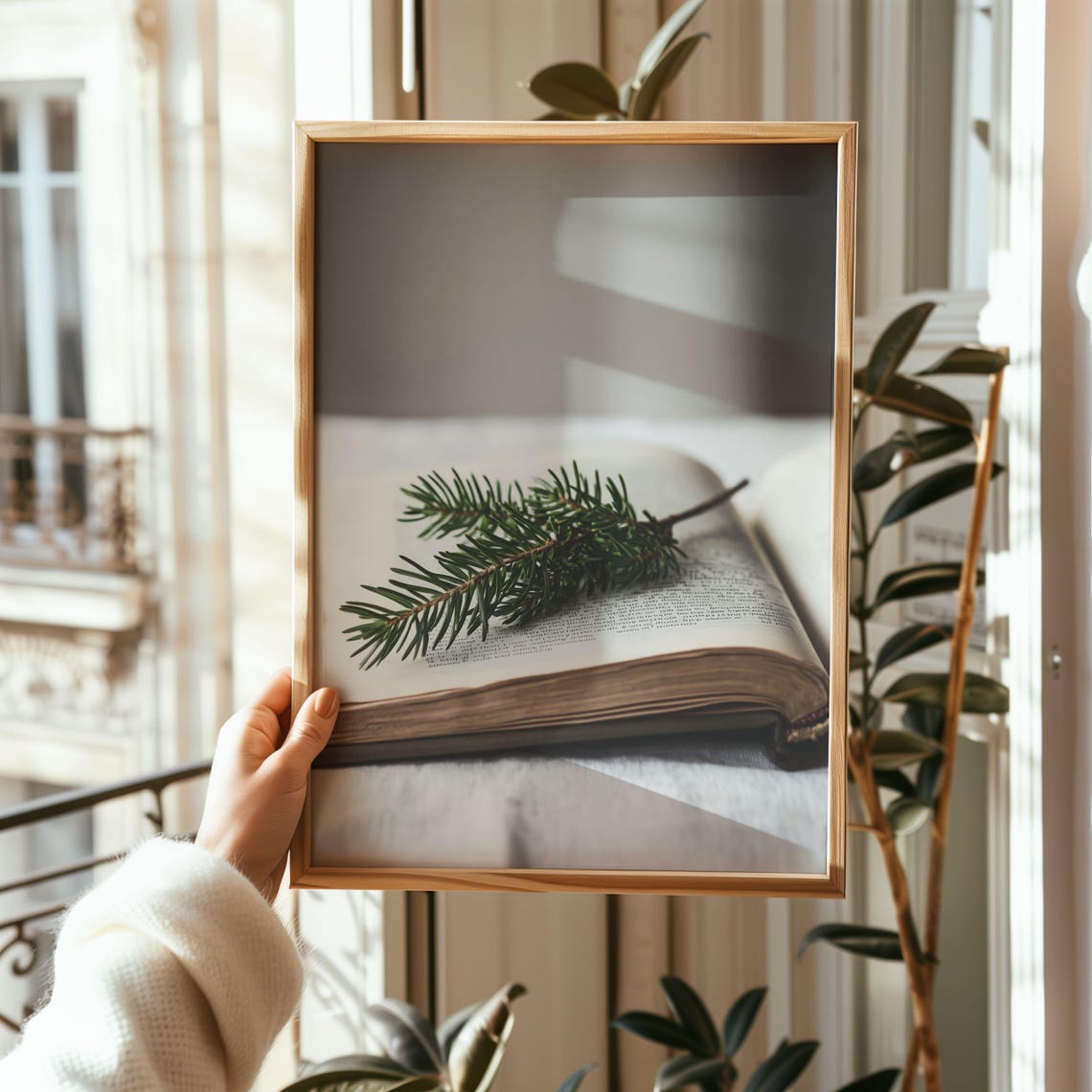 Evergreen Branch On Open Book Minimalist Winter Photo Poster - Image 2