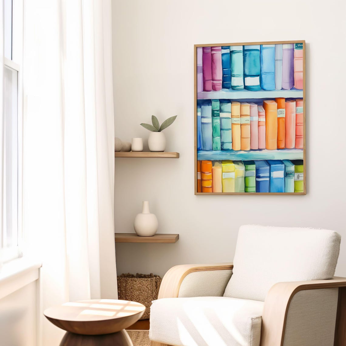 Rainbow Watercolor Bookshelf With Pastel Books Library Poster - Image 8