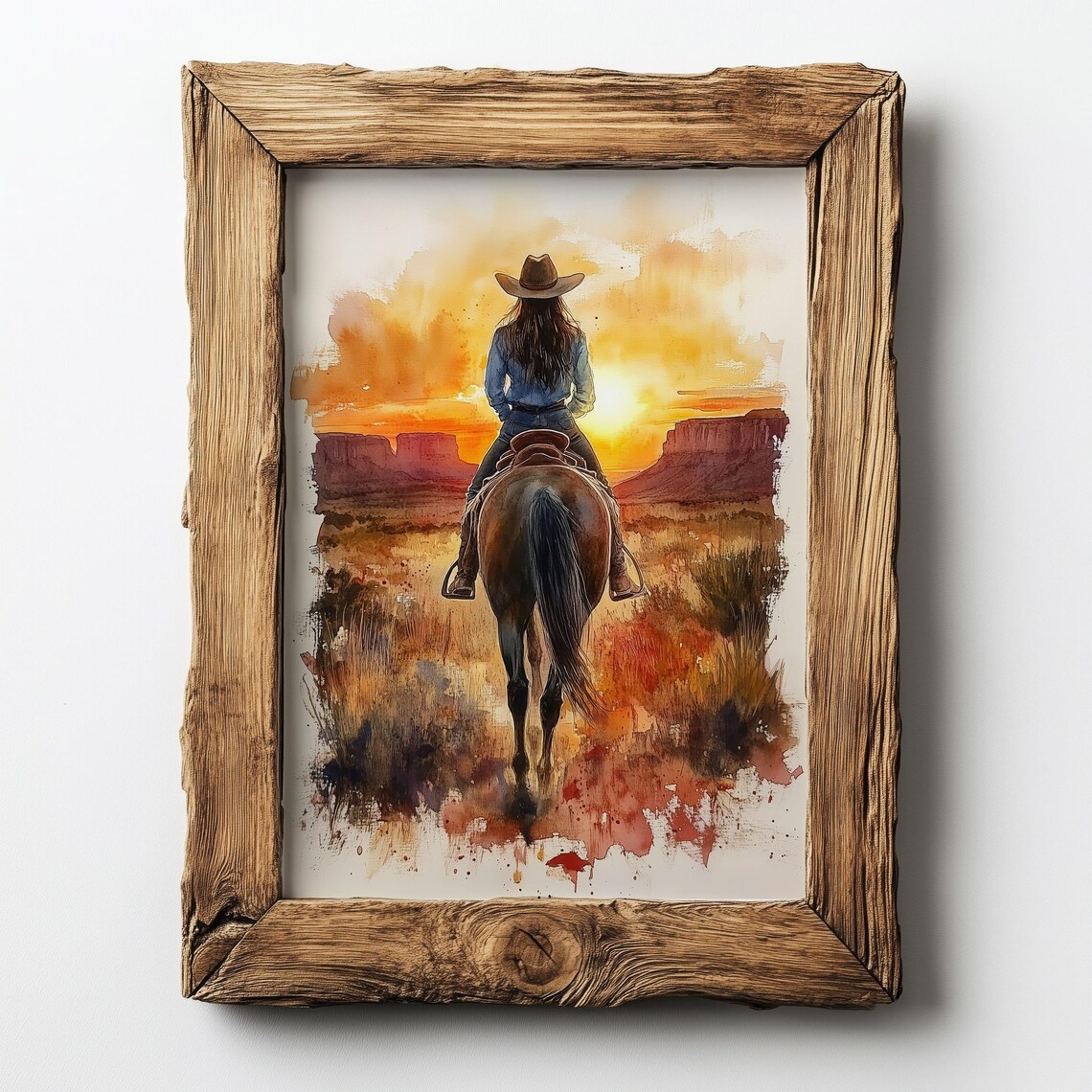 Cowgirl Riding Horse Into Sunset Desert Landscape Watercolor Poster - Image 3