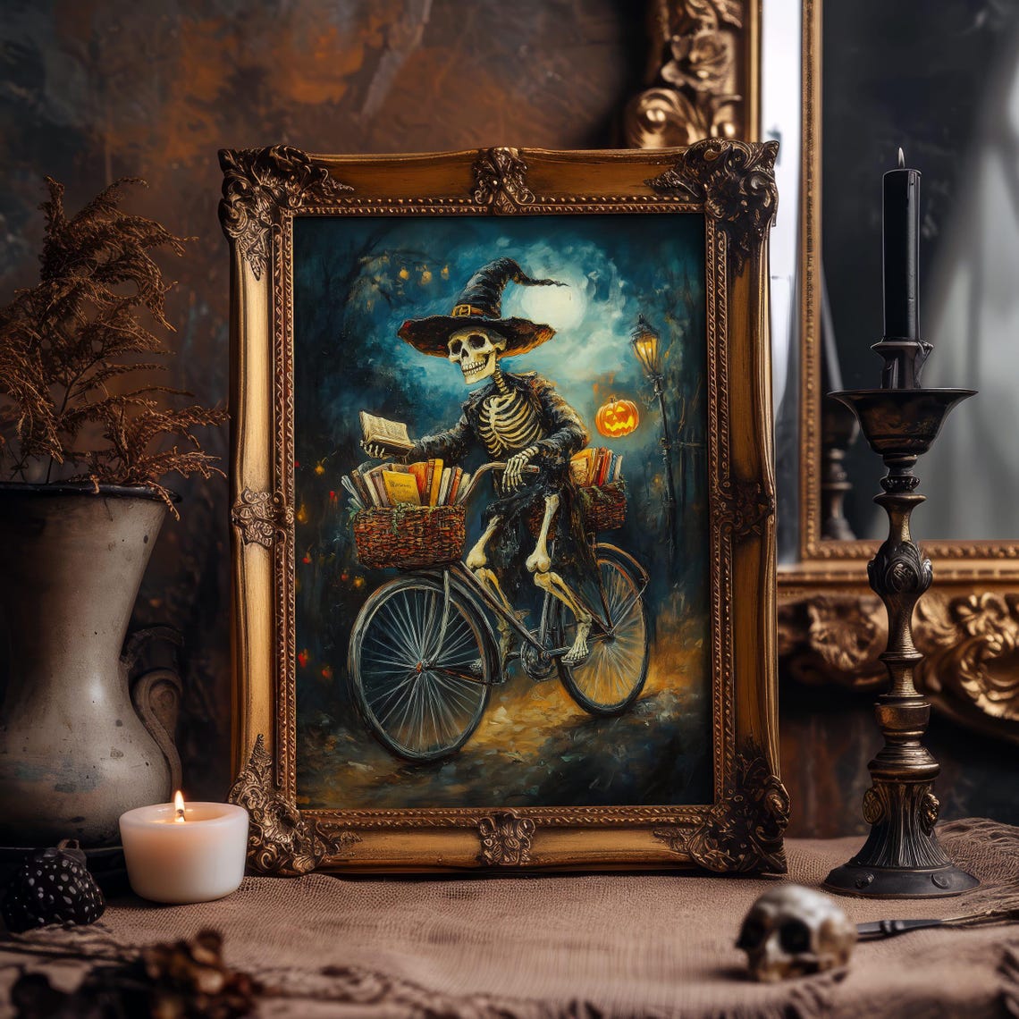 Skeleton Witch Riding Bicycle With Books On Halloween Night Poster - Image 2