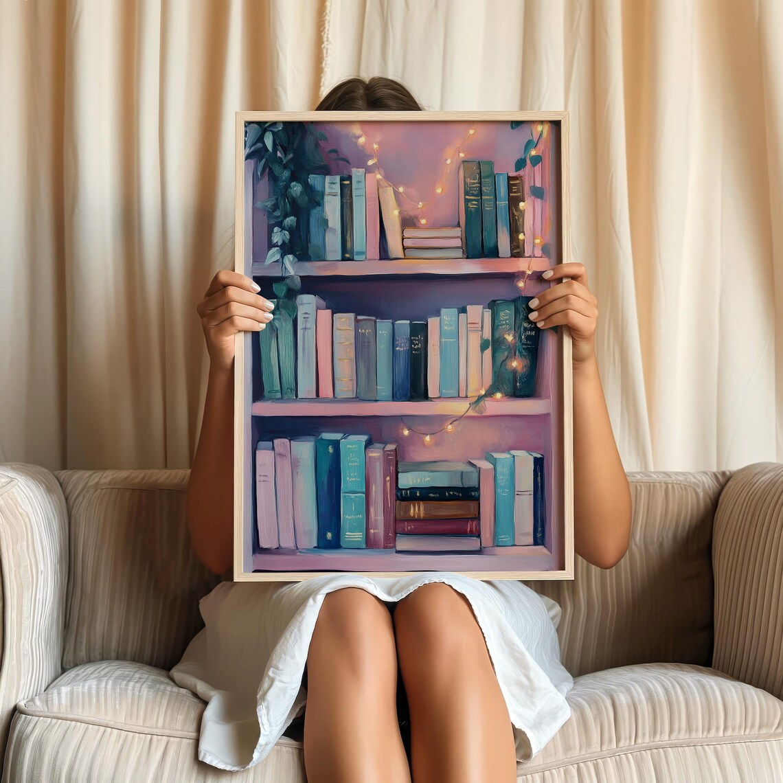 Pastel Pink Bookshelf With Glowing Fairy Lights Cozy Decor Poster - Image 2