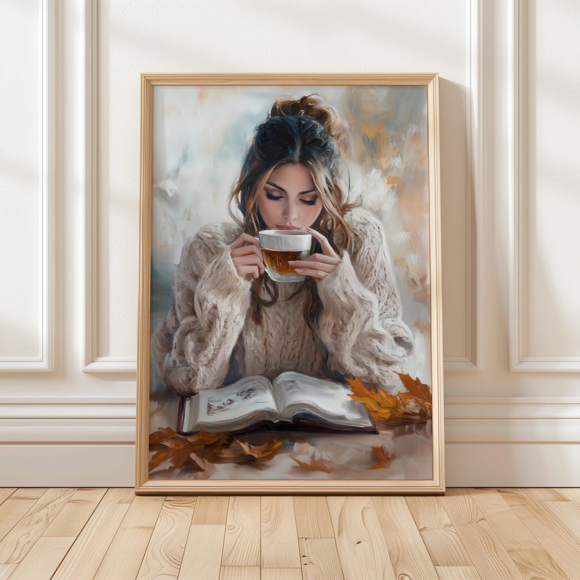 Woman In Knit Sweater With Coffee Cozy Autumn Reading Poster