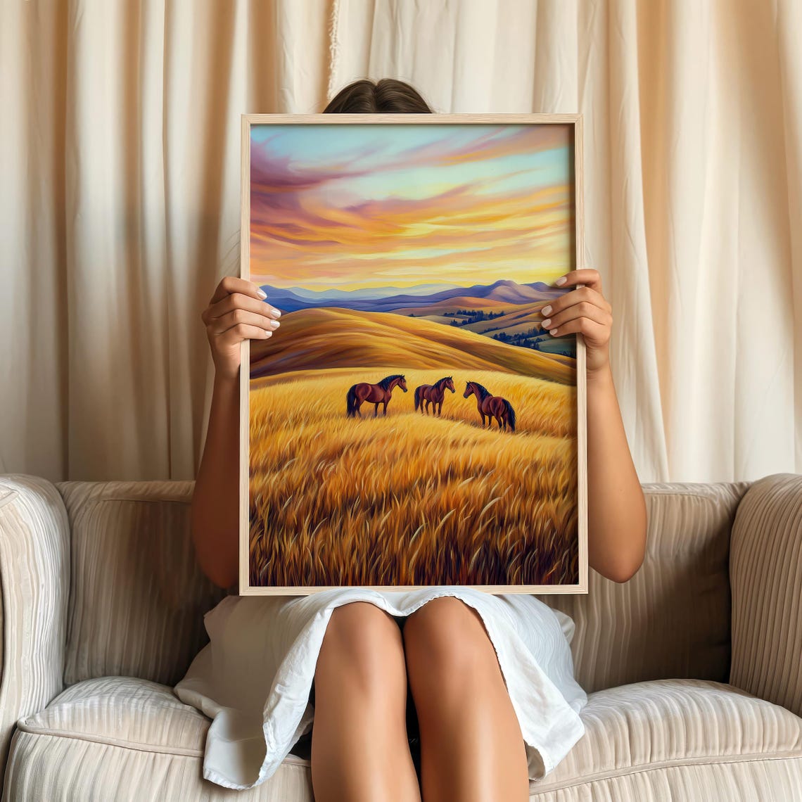 Three Wild Horses in Golden Sunset Prairie Wheat Field Poster - Image 2