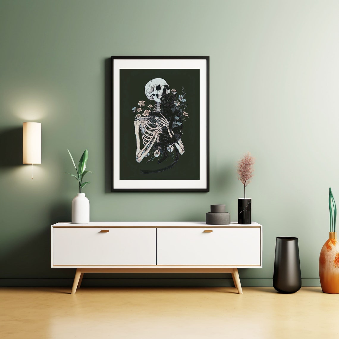 Floral Skeleton Hugging Black Cat Gothic Halloween Night Poster - Image 5