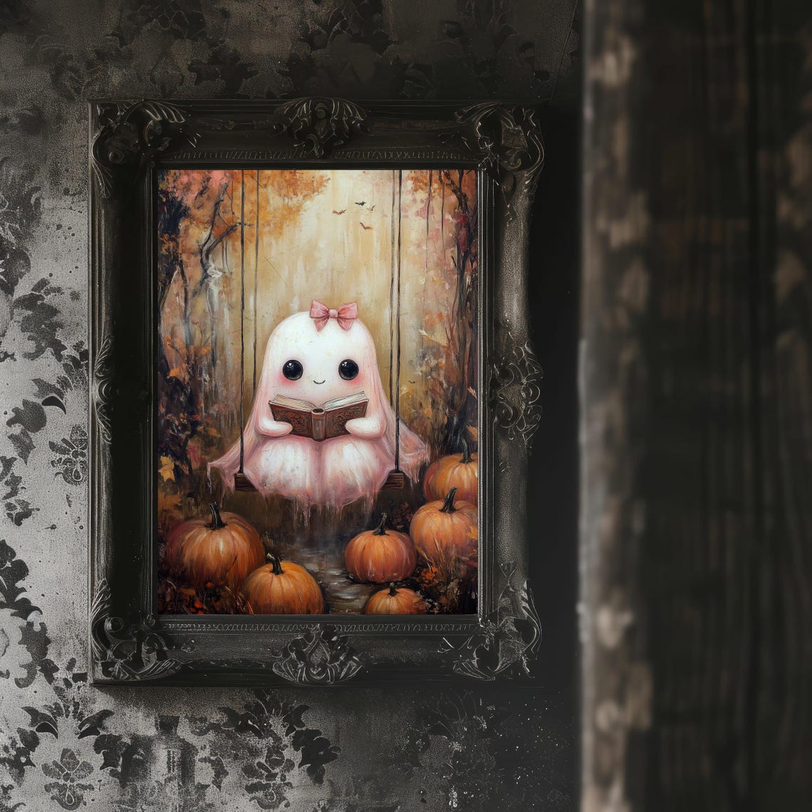 Cute Pink Ghost Reading on Swing Fall Pumpkin Patch Art Poster - Image 4