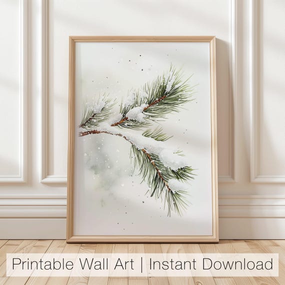 Snowy Pine Branch Minimalist Christmas Art Print