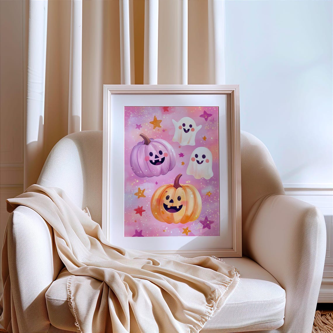 Cute Pink Pumpkin Ghosts Starry Sky Halloween Kawaii Style Poster - Image 3