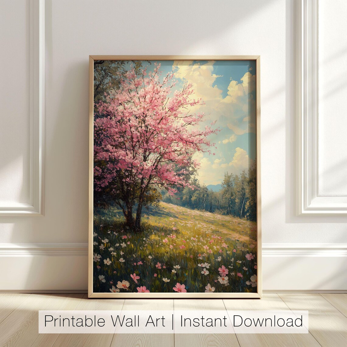 Cherry Blossom Tree Spring Meadow Wildflowers Blue Sky Peaceful Nature Poster