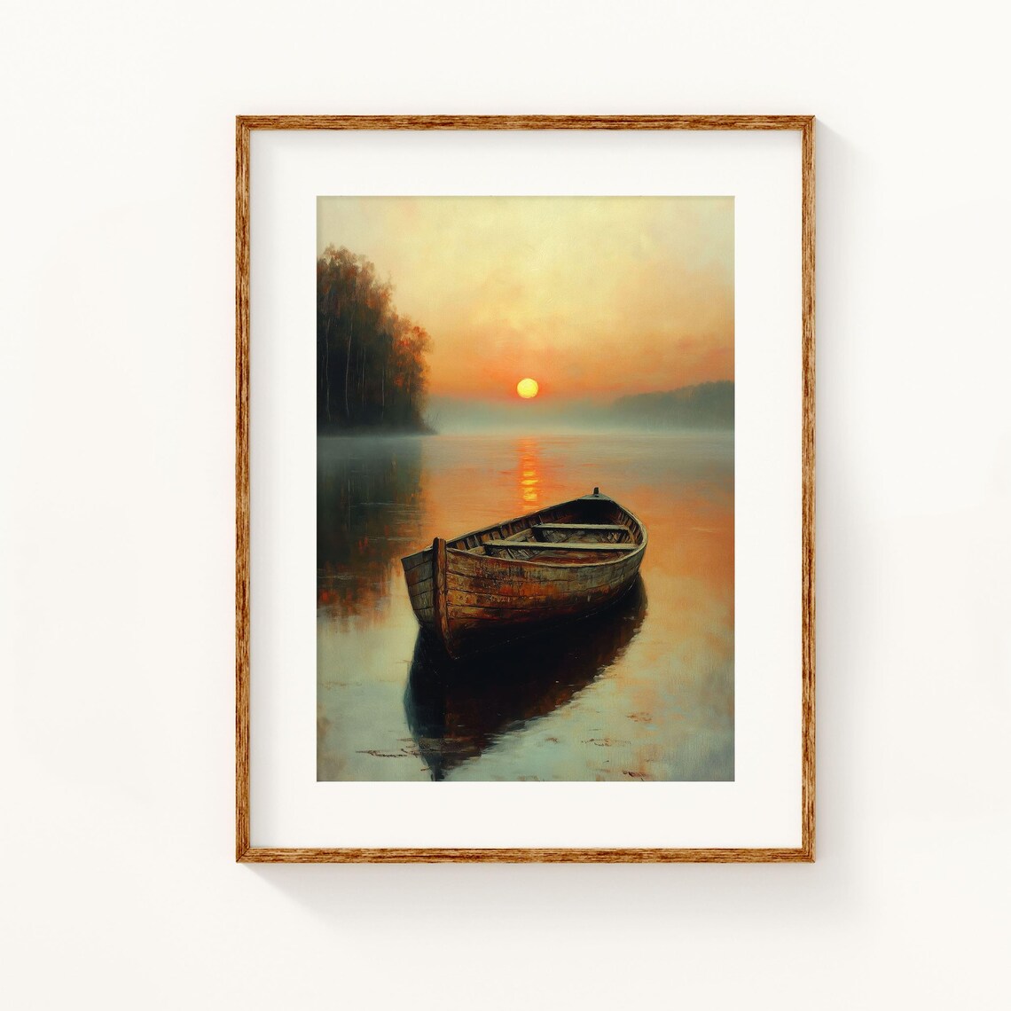 Rustic Boat At Sunset, Lake Reflection Art Print - Image 3