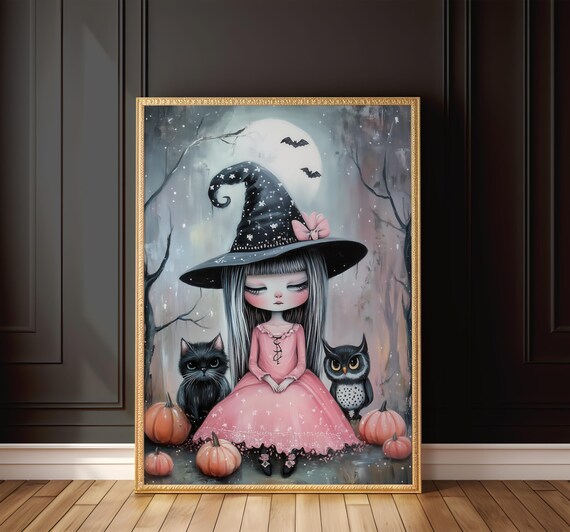 Cute Witch Girl With Cat Owl Moon Pink Halloween Fantasy Art Poster