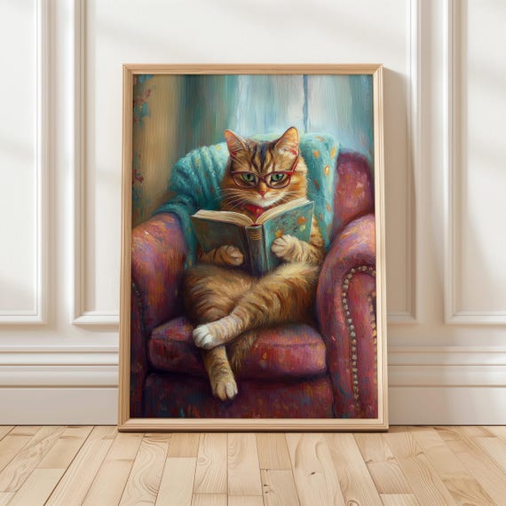 Cozy Cat Reading Art Print, Cute Home Library Decor
