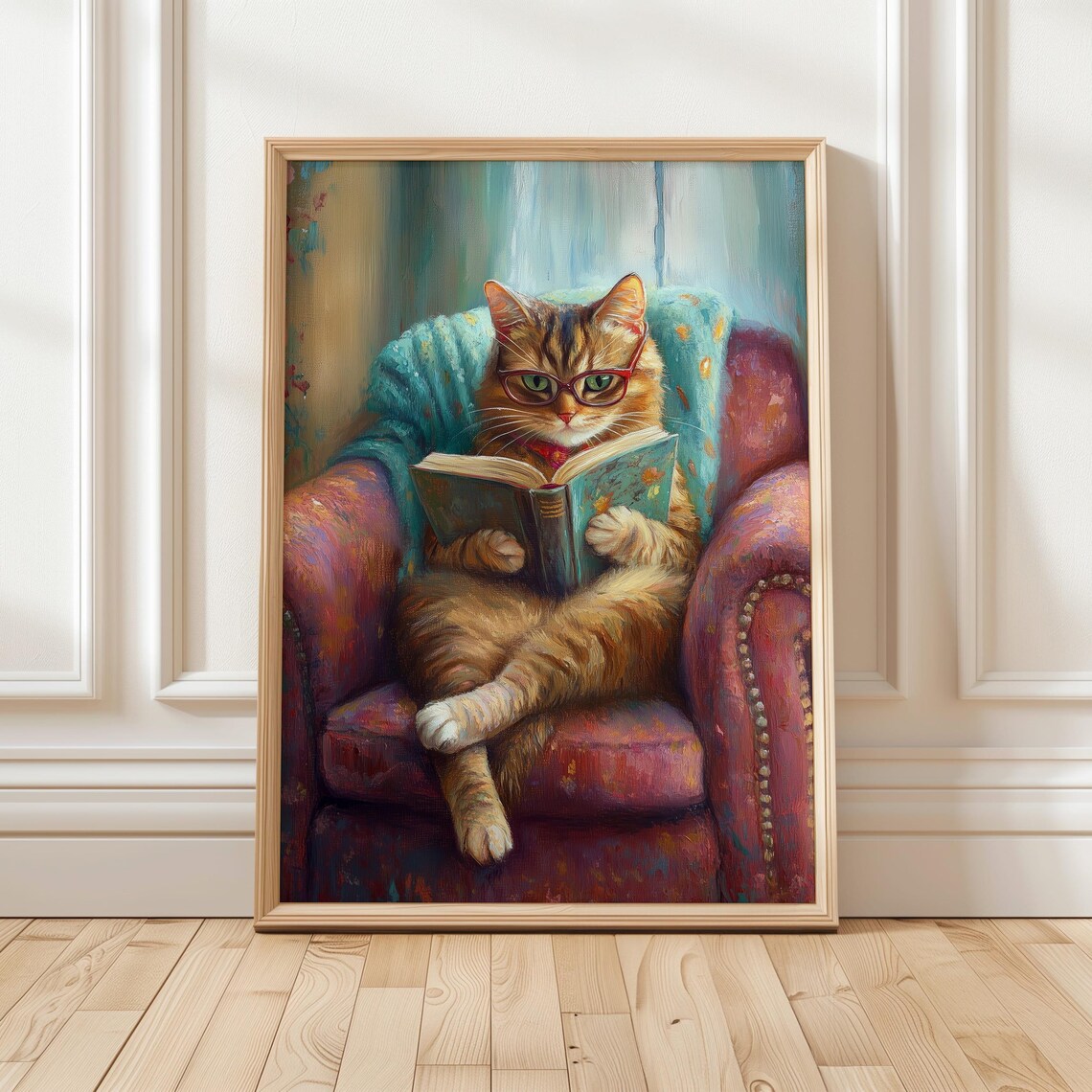 Cozy Cat Reading Art Print, Cute Home Library Decor