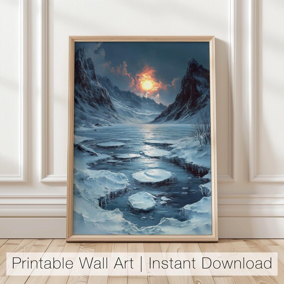 Winter Mountain Sunset Wall Art Snowy Landscape Printable Cold Winter Art Sunset In Mountains Decor Winter Print